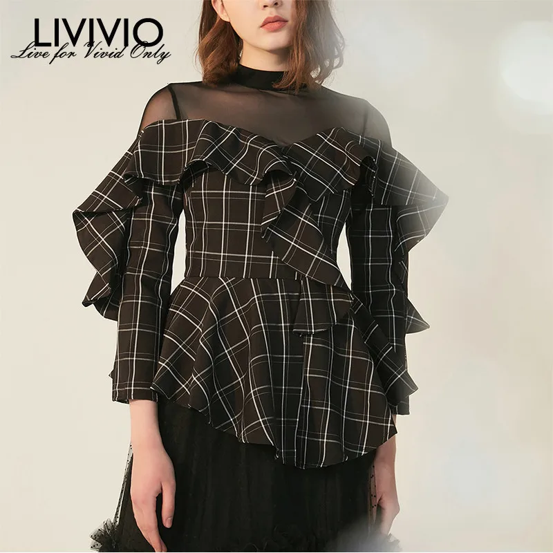 

[LIVIVIO] 2019 Summer Sheer Mesh Spliced Chiffon Long Sleeve Ruffle Womens Tops and Blouses Korean Fashion Clothing Streetwear