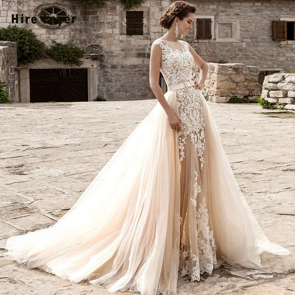 NAJOWPJG Casamento цвета слоновой кости аппликации легкий кремовый цвет Тюль See Through юбка покроя "Русалка" свадебное платье съемный Часовня Поезд
