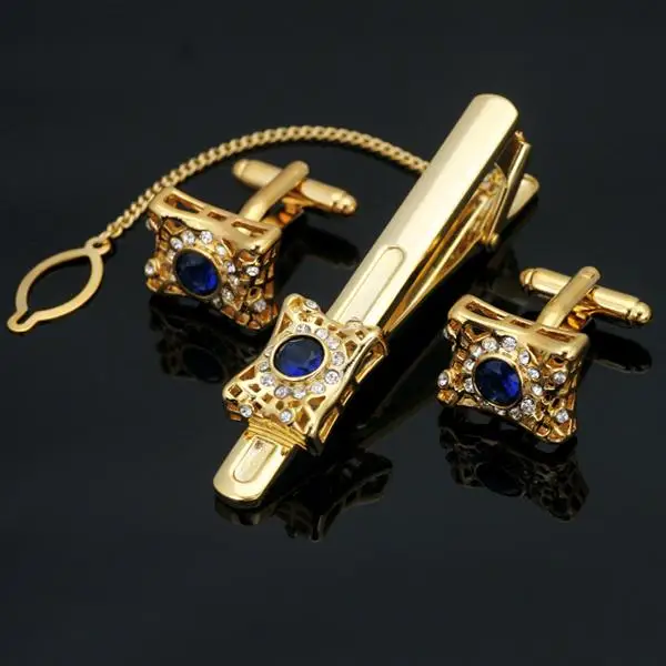 

Z-205 Stainless Steel Tie Clip Bar and Cuffn links Set Golden Color Blue Crystal Free gift Box Men's Accessory
