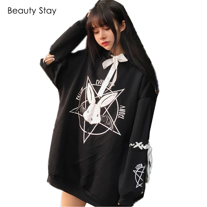 

Beauty Stay Women Hoodies Harajuku Hoodie Rabbit Printed Gothic Punk Oversize Velvet Long Sleeve Women Winter Ouewear Hoodies