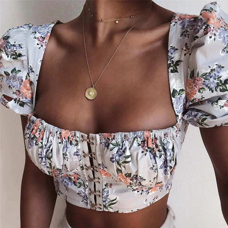 

Fashion Vintage Floral Flower Print Square Collar Puff Sleeve Hooks Zip Sexy Blouses Shirts Women 2019 Shirts Summer Crop Top