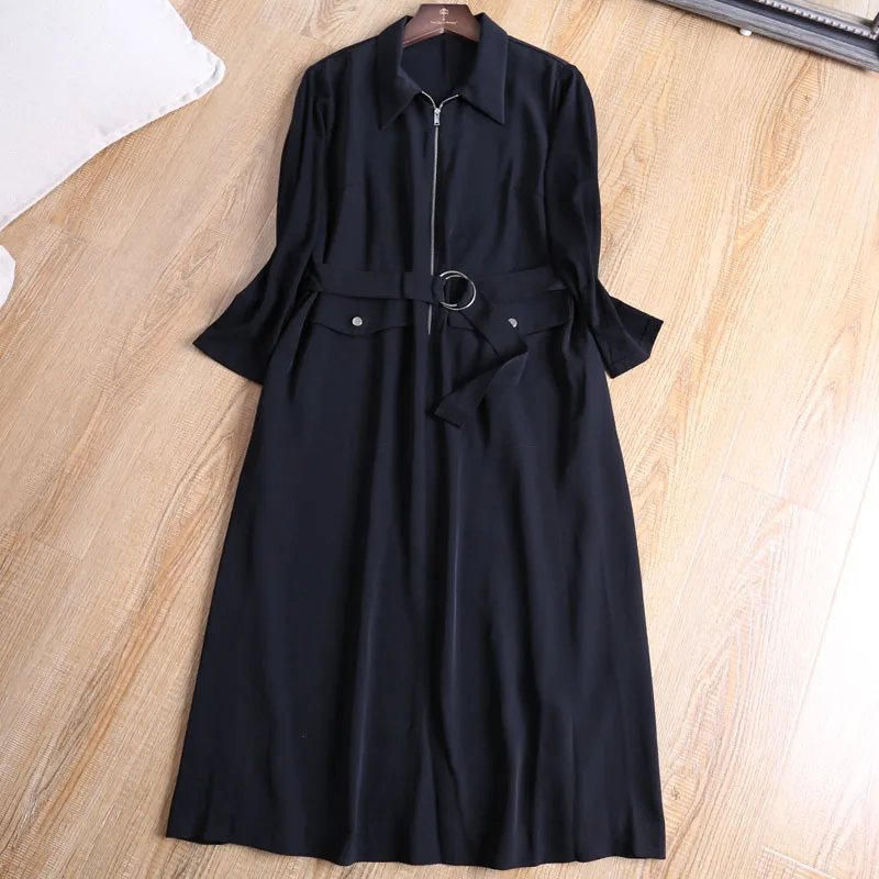 

Women Long Dress Long Sleeve Belt Tops Solid Autumn Dresses Black