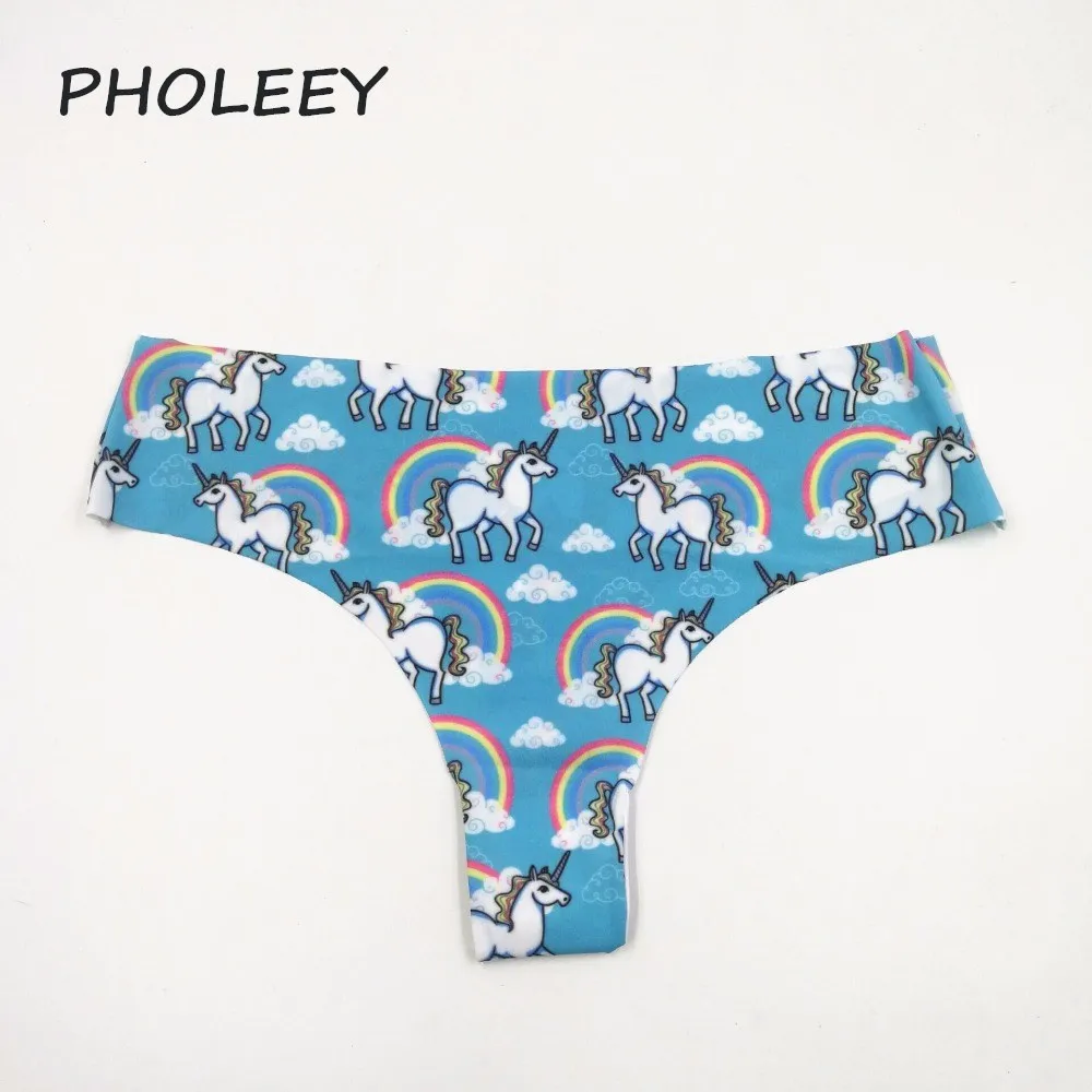 

Pholeey New Fashion Lovely Unicorn printing Thong Lady's Briefs Seamless G-string Women's Ice Silk Panties Free Size P17305