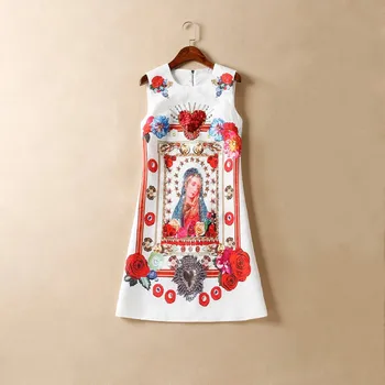 

Women Dress 2019 High Quality Runway Summer O-Neck Sleeveless Printed Beading Mini Dress Casual Dresses NP0360N