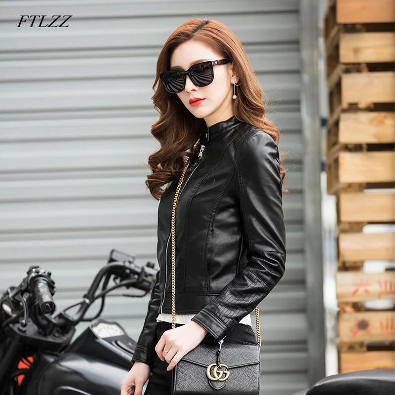

FTLZZ New Autumn Women PU Leather Jackets One Button Design Motorcycle Short Jacket Slim Basic Outwear Bomber Leather Coat