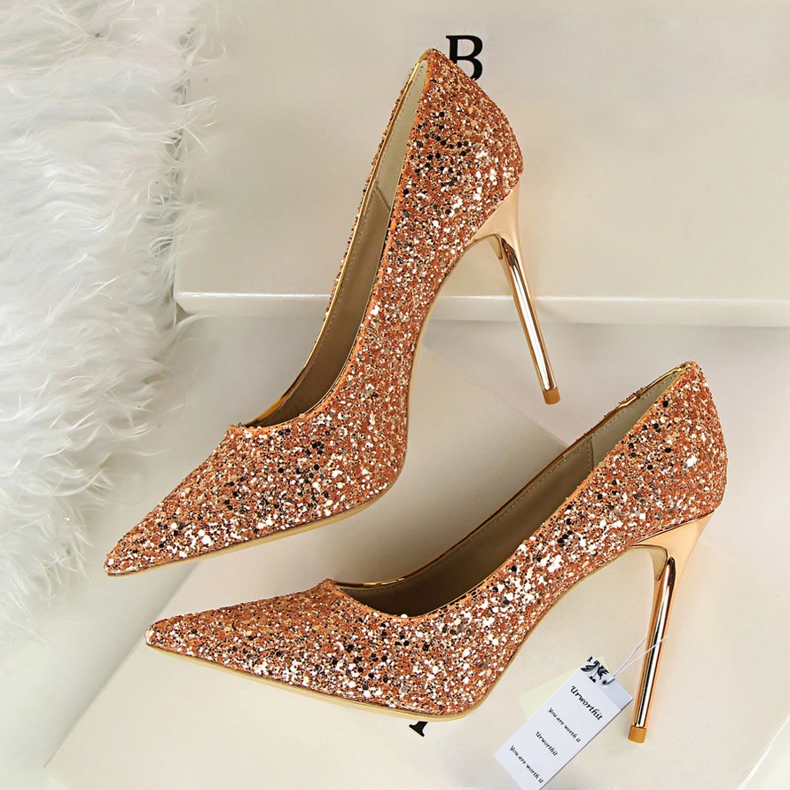 2018 diseñador de lujo 2018 mujeres Bling boda zapatos brillo bombas mujer alto talón fiesta bufandas oro lentejuelas Sliver zapatos|Zapatos tacón de mujer| - AliExpress