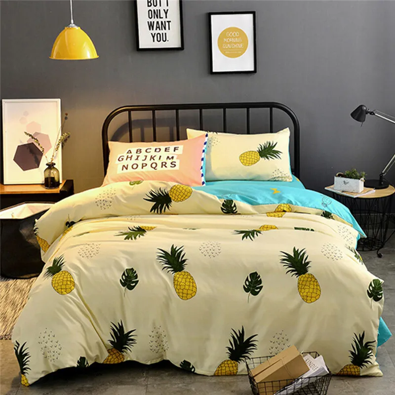 

coxeer Cartoon Bedding Set Pineapple Patterns Polyester Duvet Cover Quilt Cover With Bedsheet Pillowcase Comforter Bedding Sets