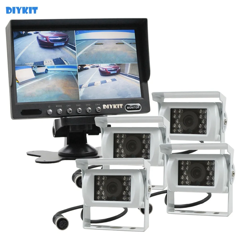 

DIYKIT 7" 4 Split QUAD Backup Rear View Car Monitor +Waterproof IR Night Vision Reversing Rear View Camera White for Truck Bus