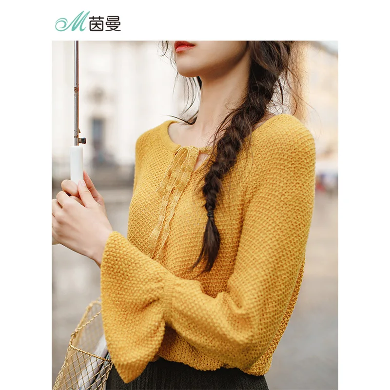 

INMAN Spring Autumn New Arrival Round Collar Bandage Loose Style Flare Sleeve Women Pullover Sweater
