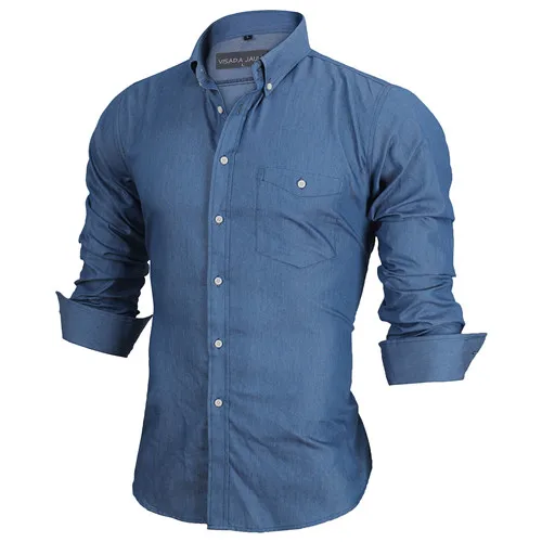 VISADA JAUNA, европейский размер, Мужская джинсовая рубашка, модная, Camisa Social Masculina, с карманами, облегающая, хлопковая, мужская, с длинным рукавом, рубашки, N1089 - Цвет: Light Blue