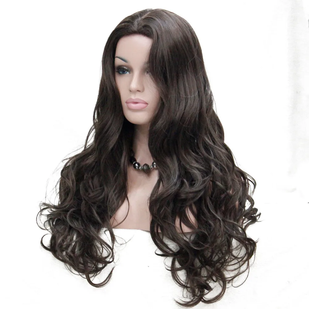 E-233 #8 new fashion sexy no bangs skin top 26 medium brown long wavy synthetic full wig (2)