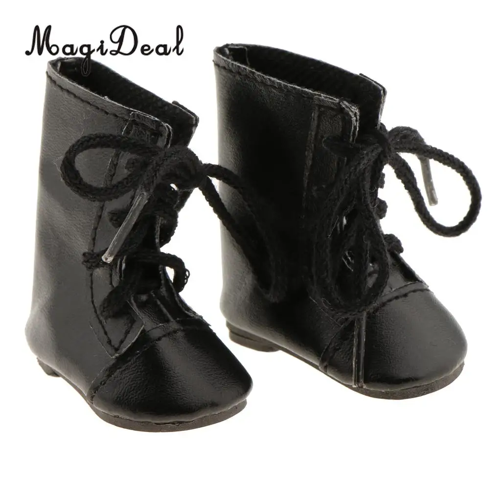 1Pair PU Leather Handmade Shoes Lace Up Combat Boots for 14 Inch   Doll Outdoor Indoor Clothing Accs