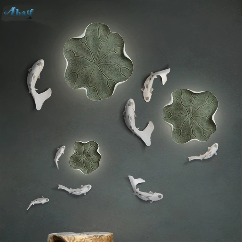 

3D Lotus Leaf Koi Wall Sconces Lamps Bedroom Living Room Resin Wall Lights Sticker New Home Decor Mirror Night Light Fixtures