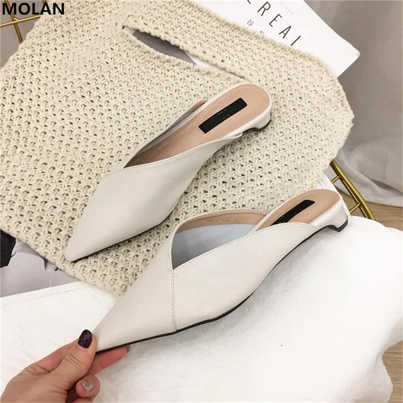 

MOLAN Brand Designers 2019 Autumn New Sexy V Mouth Thin Heels Ladies Leather Pumps Retro Slip On Loafers Mules Flip Flops Casual