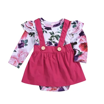 

Baby Girls Jumpsuit with Skirts Suit Floral Print Long Sleeves Clothing Set for Spring M09