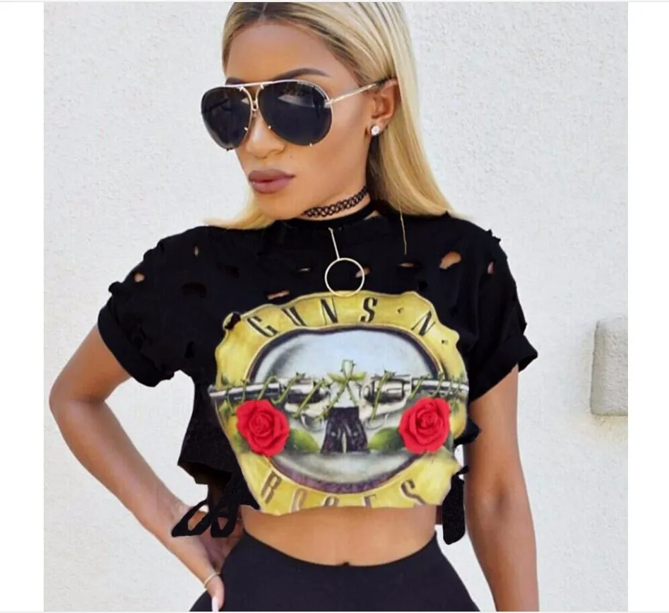 Сексуальная отверстие Растениеводство Топ 2018 принт &quotGUNS N ROSES футболка Для