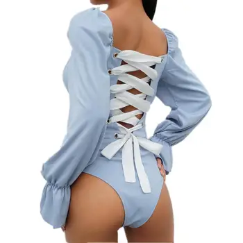 

Women Sexy Backless Cross Lace Up Skinny Patchwork Bodysuits Woman Jumpsuits Rompers New Long Sleeves Open Crotch Bodysuit