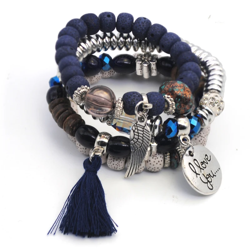 Yumfeel Fashion Charm Beads Bracelets Women Bohemia Vintage Feather Disc Tassel Bracelet & Bangle Set Jewelry Wood Layer Crystal - Image 2