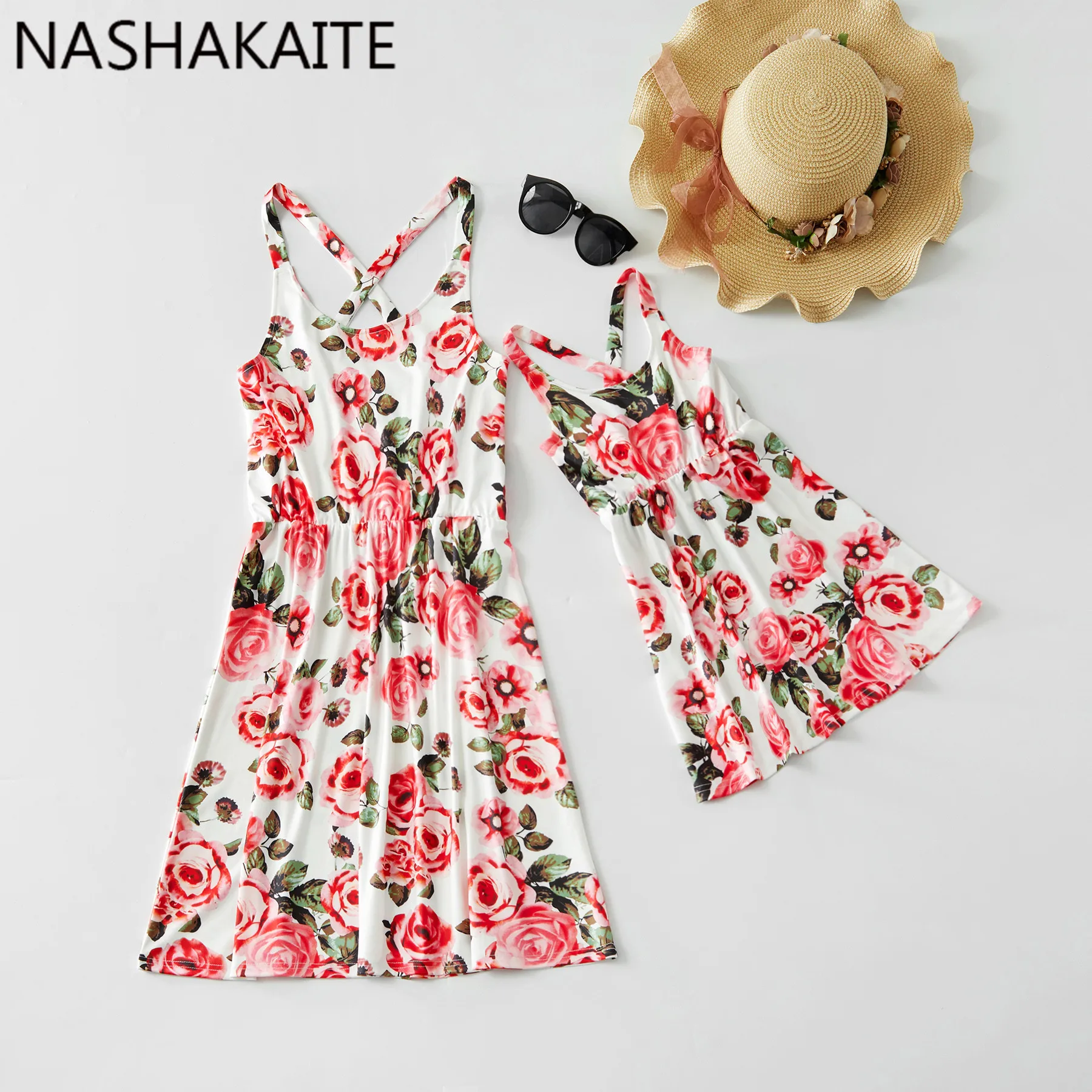 

NASHAKAITE Mother and Daughter Clothes Back Crisscross Mini Dress Mommy and me clothes 2019 NEW Printed Mother Daughter Dresses