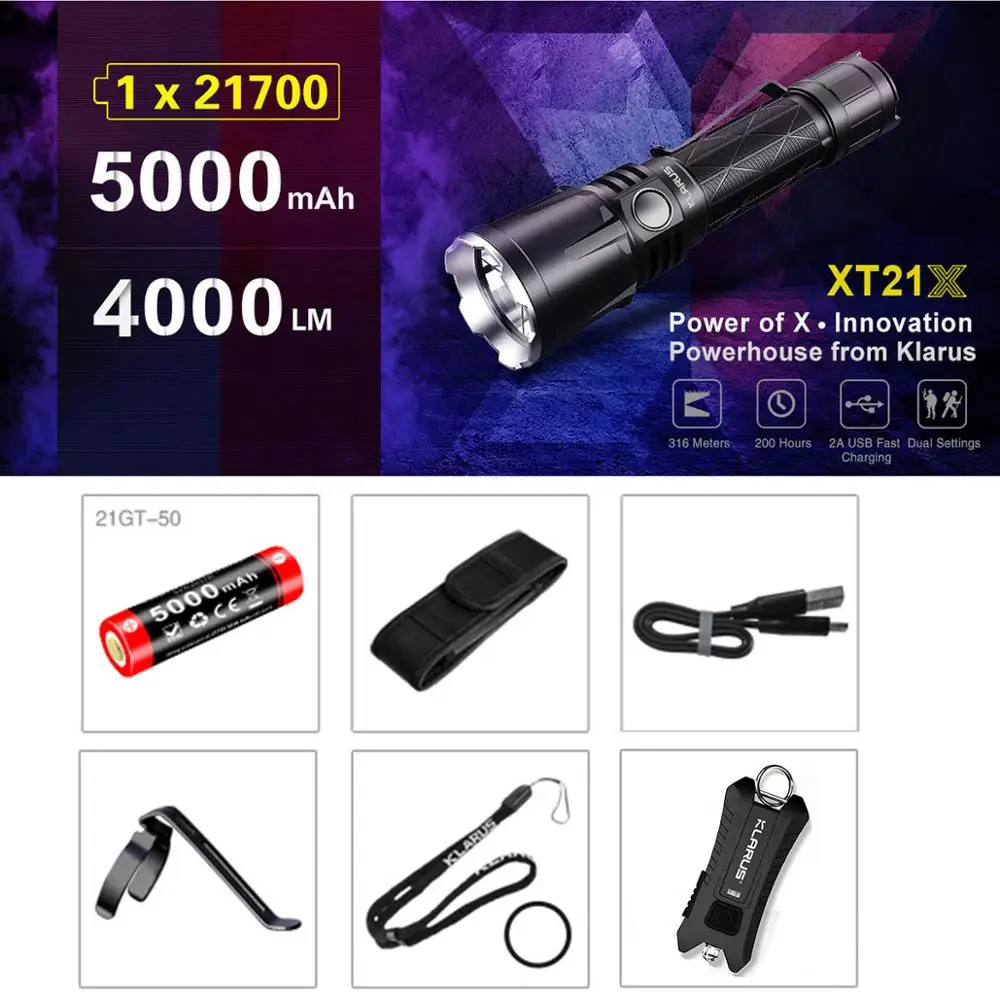 

KLARUS XT21X CREE XHP70.2 P2 LED 4000 lumens 7 Mode Tactical Led Flashlight Micro-USB 2A 5000mAh Li-ion battery for Self Defence