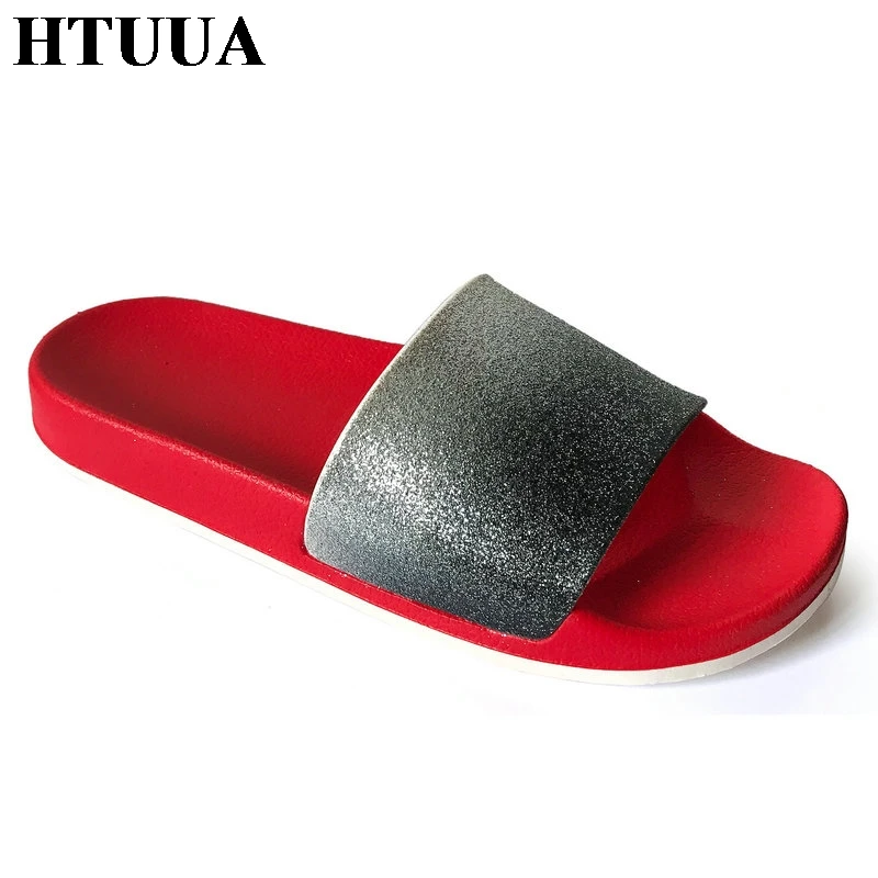

HTUUA 2019 New Women Slippers Summer Slides Bling Sequins Slip On Beach Flip Flops Flat Sandals Ladies Shoes Home Slipper SX2040