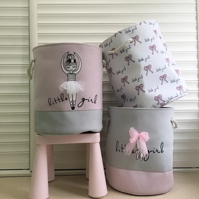 

35*40cm Foldable Laundry Basket Ballet Girl Bow Print Cotton Linen Organizer Household Clothing Toys Storage Bucket