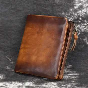 

Men Genuine Leather Day Clutches Brands Man's Vintage Brush Color Leather Wristlet Male Handmade Zipper clasp Short Wallet Purse