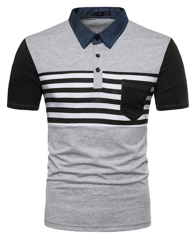 ZOGAA Polo рубашка мужская брендовая полосатая джинсовая с вырезом, вязаная, с коротким рукавом деловая рубашка поло хлопковая Повседневная Облегающая рубашка поло - Цвет: Серый