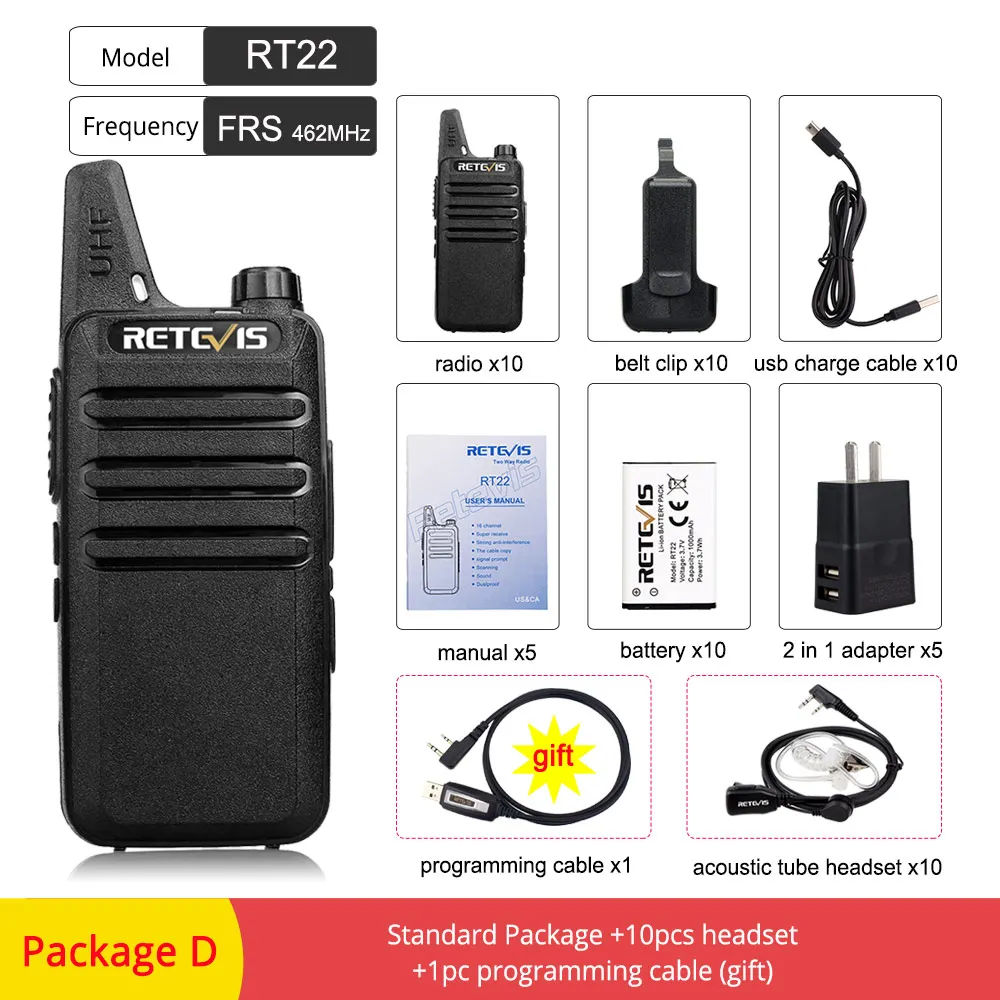 10 шт. дешевые PMR Walkie Talkie Retevis RT622/RT22 PMR446 UHF FRS VOX Handsfree usb зарядка перезаряжаемая Двусторонняя радио Woki Toki - Цвет: FRS RT22--Package D