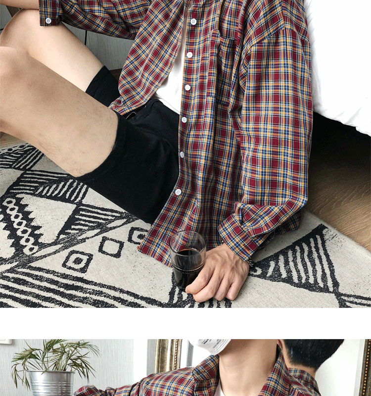 Повседневное молодежи плед хлопок отложным воротником Для мужчин Camisa 2018 Гонконг Стиль для отдыха с длинным рукавом решетки свободные