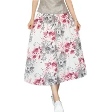 Стиль ботильоны Длина леди юбка с цветочным принтом Весна, лето, осень эластичный пояс юбки Sexy Хлопок Лен Высокая талия юбка