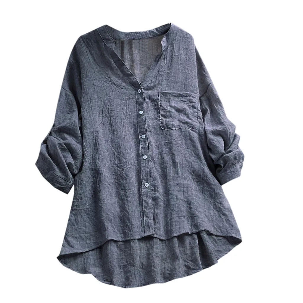 Летняя Модная рубашка с пуговицами, топ 2XL, женская новая хлопковая льняная Повседневная прозрачная блуза с длинным рукавом и v-образным вырезом, топ с карманами, N4