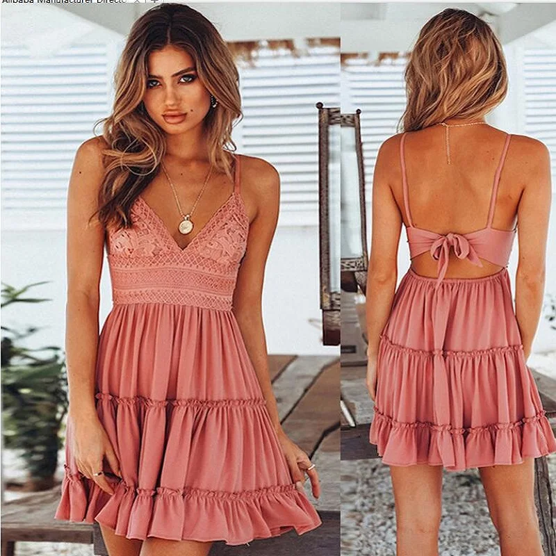Summer Women Lace Dress Sexy Backless V neck Beach Dresses 2018 Fashion Sleeveless Spaghetti Strap White Casual Mini Sundress-in Dresses