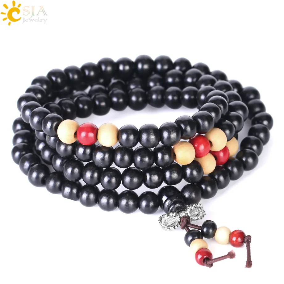 

CSJA Long Buddha Bracelet Round 8mm Black Wood Bead 108 Beads Men Buddhism Tibetan Rosewood Bracelets Pulsera Chinese Knot S063
