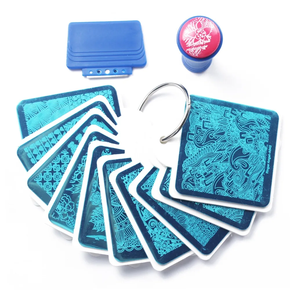 

Finger Angel 10 PCS Nail Stamping Plates Stamp Image Nail Art Template With Metal Ring Free Stamper Kits Free Shipping #WJ169