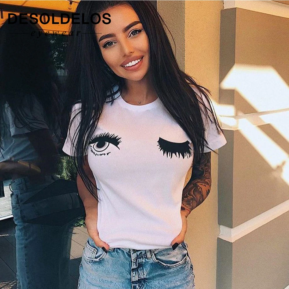 

Eyelash Red Lip Print T Shirt Women Short Sleeve O Neck Loose Tshirt Harajuku Blink Eyes Tshirt 2019 Summer Women Tee Shirt Tops