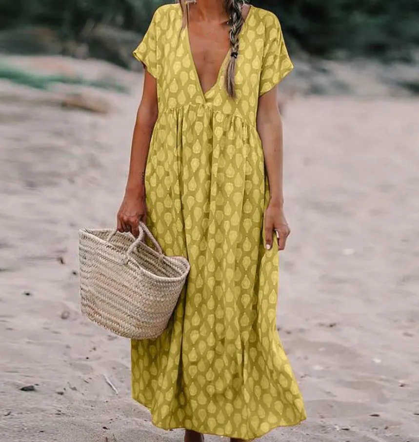 

2019 Women Summer V Neck Beach Dress Bohemian Boho Long Floral Print Dress Vintage Party Sundress