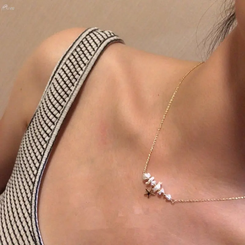

AOMU Metal Pentagram Starfish Pearl Pendant Necklace For Women Necklace Clavicle Chain Necklace Party Jewelry