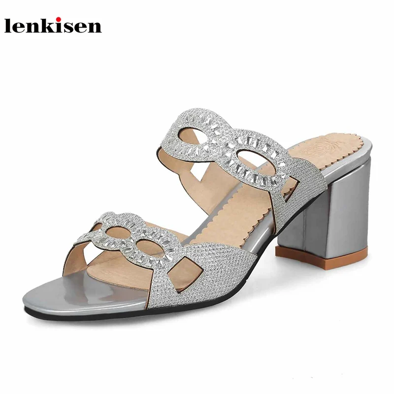 

Lenkisen 2018 PU slip on solid peep toe mules summer shoes crystal bling bling high fashion nightclub party women sandals L5f2