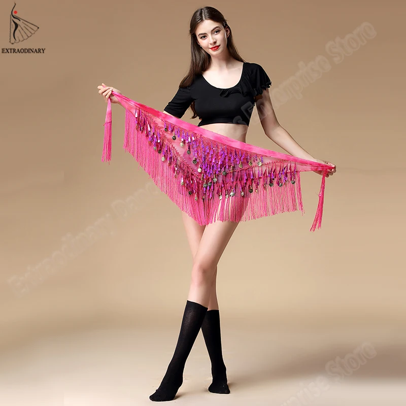 Kopen Vrouwen riem bellydance sjaal hip Buikdans Accessoires Pailletten Kwastje Driehoek Wrap Kostuum Riem Sjaal Chiffon fringe sjaal