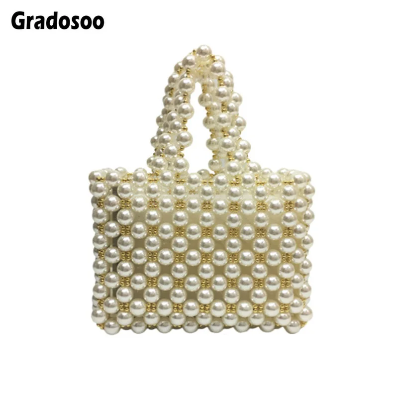 

Gradosoo Metal Beads Pearl Bag Women Hand-Woven Beading Handbags Female Small Tote Bag For Women Brand Design Women Pouch LBF556
