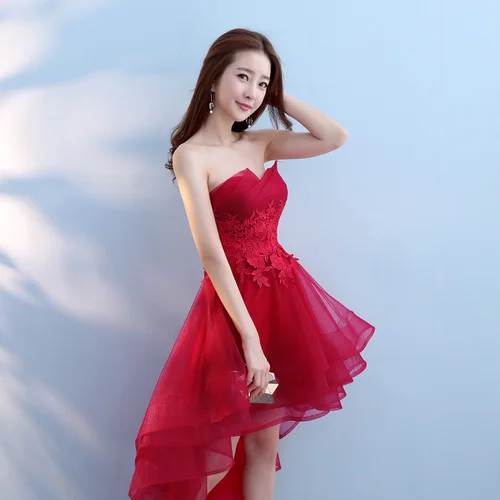 Robe De Soriee, красное вино, на шнуровке, без бретелек, короткое спереди, длинное сзади, элегантное вечернее платье с аппликацией, вечерние платья для выпускного вечера - Цвет: Red
