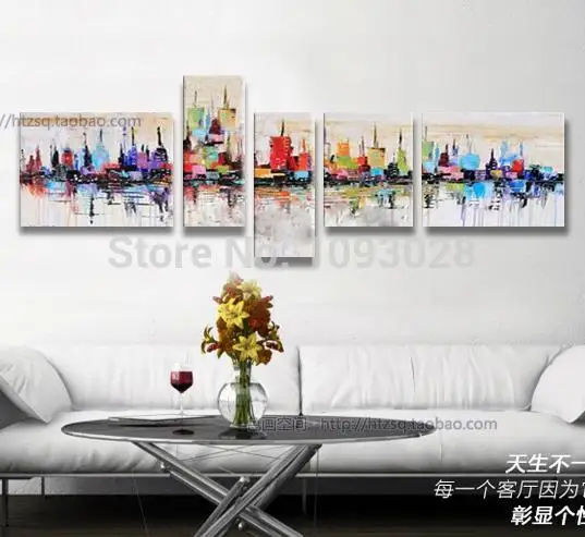 

Free Shipping City Building 5PCS Real Oversized Handmade Modern Abstract Oil Painting On Canvas Wall Art Top Home Decoration