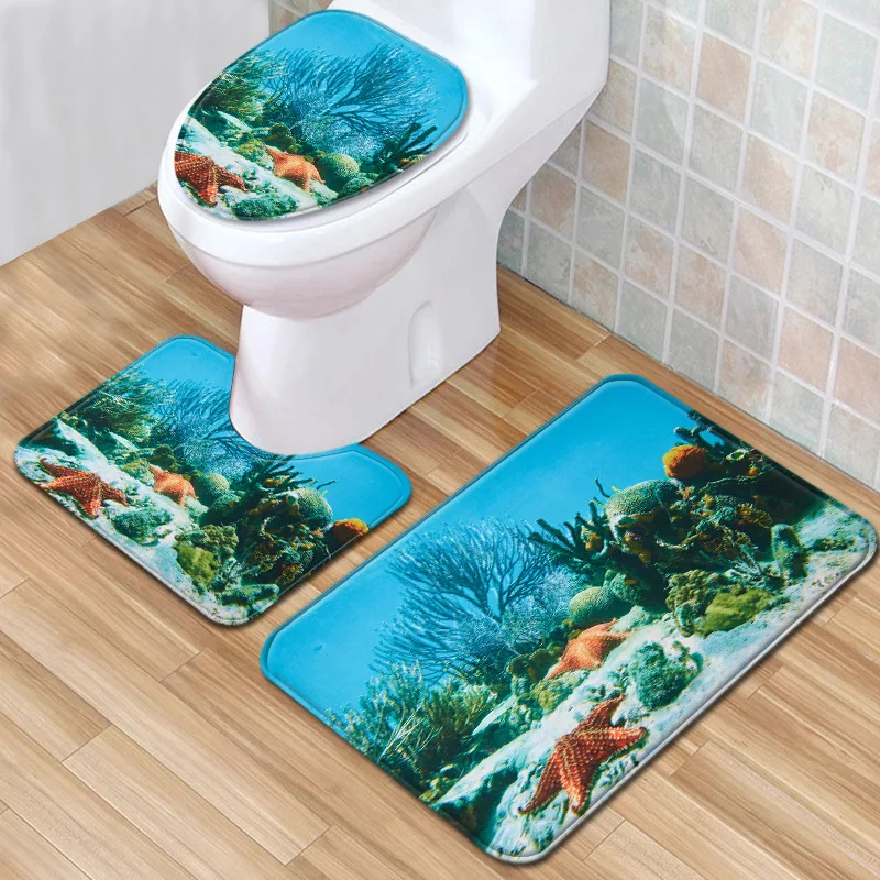 T New Starfish Shell 3 Piece Bathroom Set Rug Anti Slip Bath Rug Toilet Mats Carpet Set for Home Decor Printing Doormat