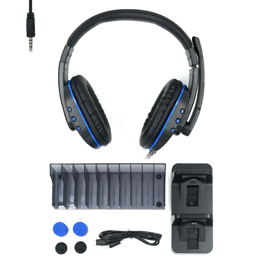 

DOBE 5 IN 1 Game Pack for PS4/PS4 Slim/PS4 Pro with Dual Charging Dock/Cable Mic Headset Game Disc Storage Stand Silicon Cap