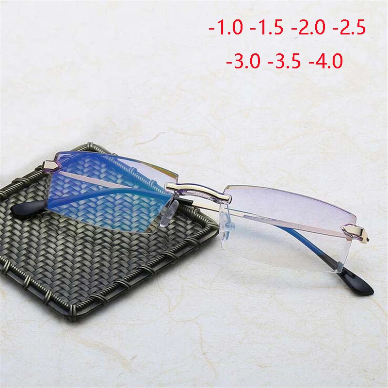 

-1 -1.5 -2 -2.5 -3 -3.5 -4.0 Luxury Diamond Cutted Style Rimless Myopia Glasses Men Anti-blue Light Short-sight Eye Glasses