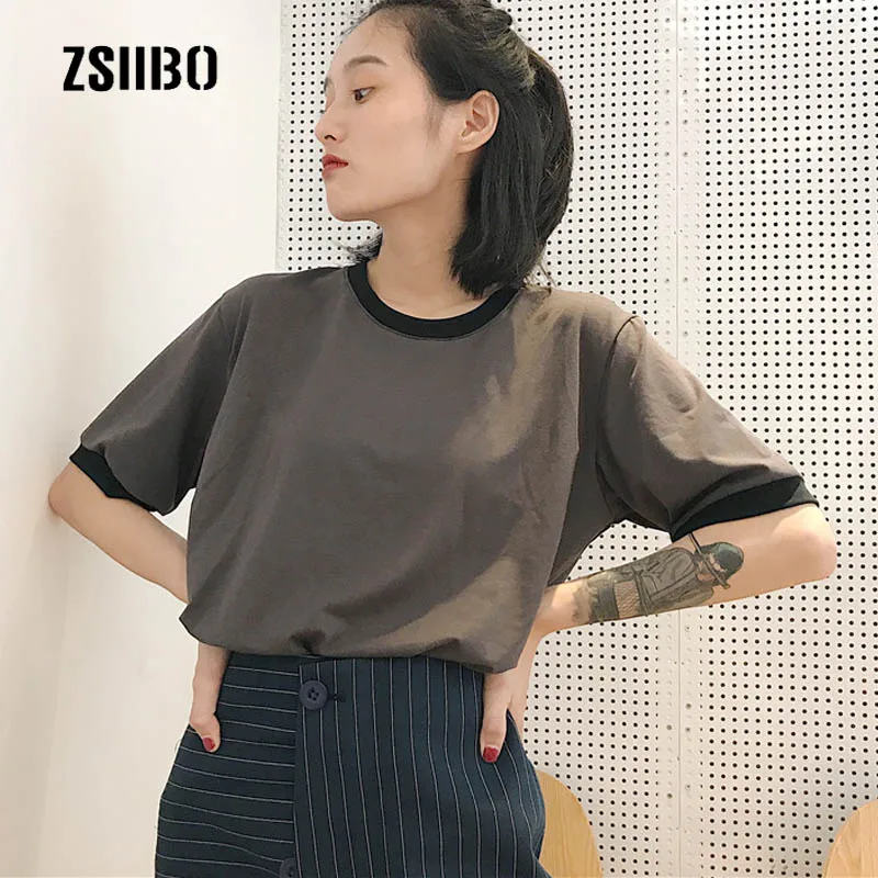 

Summer Solid color stitching new T-shirt O-neck Harajuku loose cotton fun female Korean fashion casual fun T-shirt ulzzang tops