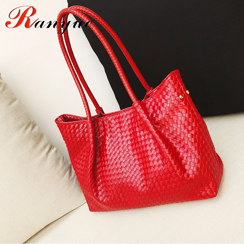 

Super Recommend !! Ladies Handmade Knitting Handbag Criss-Cross Woven Leather bag Women String Large Capacity Casual Tote Red