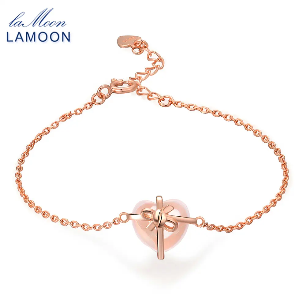 LAMOON Heart 9x10mm 100% Natural Gemstone Rose Quartz 925 Sterling Silver Jewelry S925 Charm Bracelet LMHI047
