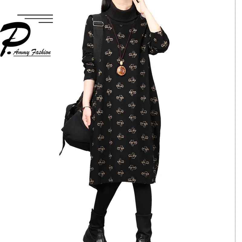 Fall Korea Turtleneck Cotton Dress 2018 Women Autumn Winter Vintage Long Sleeve Print Loose Mid-Long Oversize |